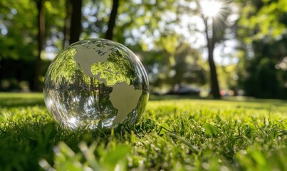 Leinwandbilder - Glass globe with earth map reflecting a sunny park, sitting on vibrant green grass.  A symbol of environmental sustainability and global harmony. : Generative AI