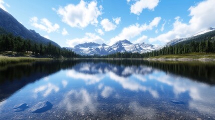 Poster - Serene mountain lake reflecting a stunning snow-capped peak range under a bright, partly cloudy sky, with lush evergreen forest lining the calm water. : Generative AI