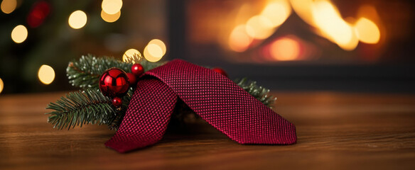 Aufkleber - A crimson textured tie rests on a wooden surface, adorned with a festive fir branch and red ornaments, a warm fireplace glowing in the background. : Generative AI