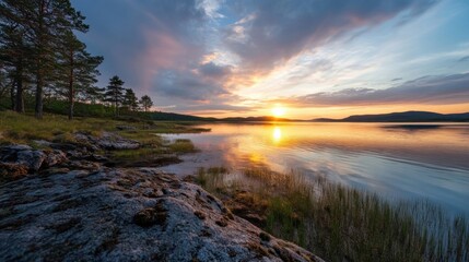 Poster - Serene sunset over a tranquil lake, reflecting golden hues on calm water, with dark pine trees and rocky shoreline. : Generative AI