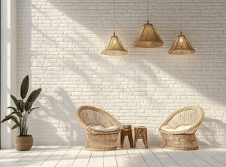 Poster - Two wicker chairs and a wooden stool sit before a white brick wall, bathed in sunlight, three rattan pendant lights hang above. : Generative AI