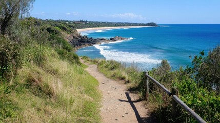 Aufkleber - Coastal walking path overlooking a scenic Australian beach with turquoise ocean waves crashing on rocky shoreline under a bright sunny sky. : Generative AI