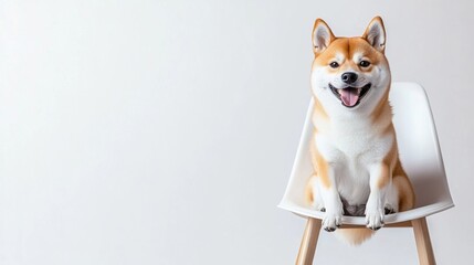 Poster - Happy Shiba Inu dog sitting on a modern white chair against a light gray background, showcasing its playful and friendly nature. : Generative AI