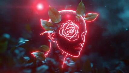 Poster - Futuristic silhouette with glowing rose design and foliage in a mystical forest, neon lights in a surreal ambiance 4k video footage