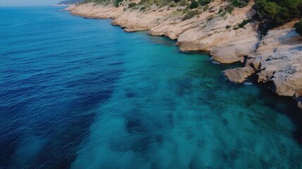 Poster - Aerial view of a dramatic coastline where turquoise water meets rugged, light-colored cliffs and lush green vegetation. : Generative AI