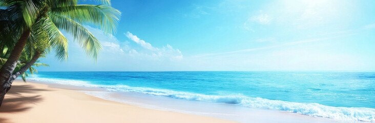 Poster - Serene tropical beach scene with palm trees, turquoise ocean, and soft sand under a bright sunny sky, perfect for summer vacation imagery. : Generative AI