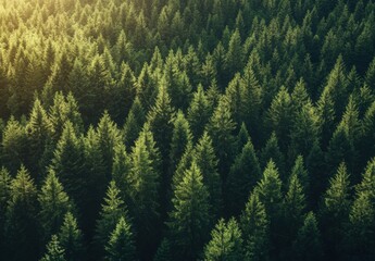 Aufkleber - Aerial view of a dense evergreen forest bathed in golden sunlight, showcasing the lush green canopy and tall, slender pine trees. : Generative AI