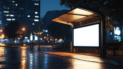 Aufkleber - Empty bus stop with illuminated advertising screen on a rainy night in a city, showcasing urban nighttime atmosphere and wet pavement. : Generative AI