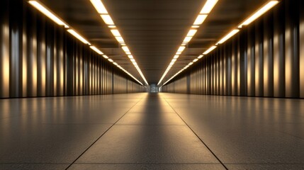 Poster - A long, dimly lit corridor with metallic walls and a reflective floor, illuminated by rows of bright fluorescent lights, creating a futuristic and atmospheric scene. : Generative AI