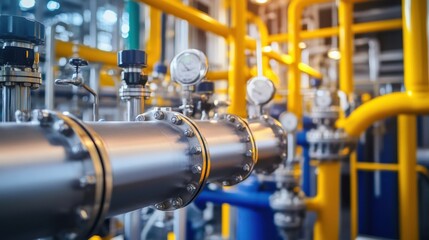 Poster - Close-up view of industrial stainless steel pipes, valves, and pressure gauges in a modern factory setting, showcasing intricate details of the machinery and vibrant yellow piping. : Generative AI