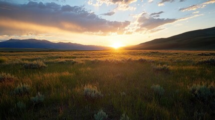 Poster - Golden sunset over a vast, grassy plain, silhouetted against a majestic mountain range.  The sun's rays illuminate the landscape, creating a breathtaking scene of natural beauty. : Generative AI
