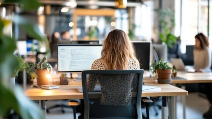 Fototapete - A female programmer sits at her desk in a modern, open-plan office, focused on her computer screen, surrounded by plants and colleagues. : Generative AI