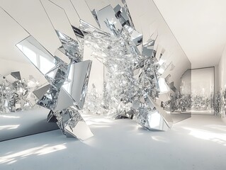 Poster - Immersive mirrored sculpture within an ethereal all-white modern setting