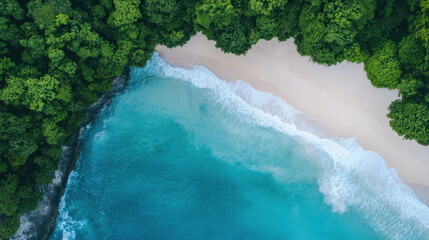 Aufkleber - Aerial view of a secluded tropical beach, turquoise water lapping a pristine white sand shore, bordered by lush green foliage. : Generative AI