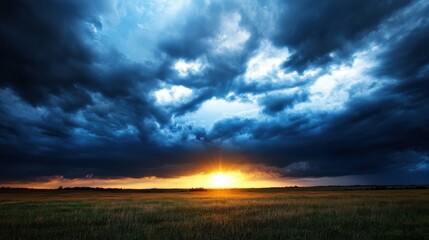 Poster - Dramatic sunset over a vast field, with a breathtaking display of dark, brooding storm clouds creating a captivating contrast of light and shadow. : Generative AI