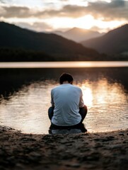 Leinwandbilder - A lone man sits quietly by a calm lake at sunset, contemplating the golden light reflecting on the water, mountains in the background. : Generative AI