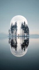 Aufkleber - Solitary figure stands on a small island amidst a serene lake, silhouetted against a majestic full moon rising behind a cluster of evergreen trees, creating a breathtaking reflection. : Generative AI