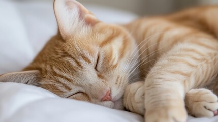 Poster - A ginger kitten peacefully sleeps curled up on a soft white bed, its paws tucked neatly beneath its chin, exhibiting a serene and tranquil posture. : Generative AI
