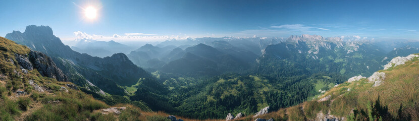 Poster - Panoramic view of majestic alpine mountain range bathed in sunlight, showcasing lush green valleys and rocky peaks under a vibrant blue sky. : Generative AI