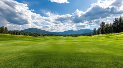 Poster - Serene golf course landscape nestled in a valley, surrounded by lush green grass and majestic mountains under a partly cloudy sky. : Generative AI