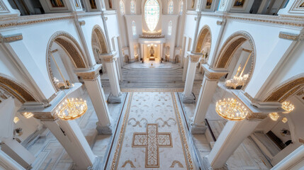 Poster - High-angle view of a majestic white marble church interior, showcasing ornate gold detailing, grand chandeliers, and a large cross inlaid in the floor. : Generative AI
