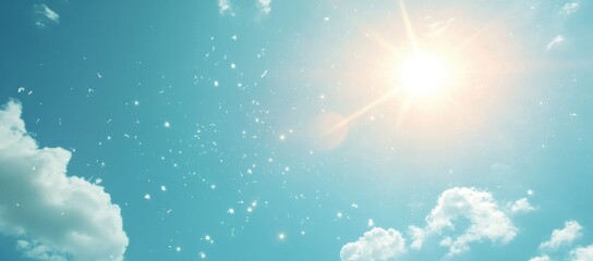 Aufkleber - Bright sun shining over fluffy white clouds and sparkling particles floating in a teal sky, creating a serene and dreamy atmosphere. : Generative AI