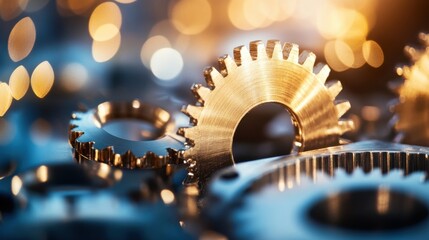 Poster - Close-up of golden brass gears interlocked, reflecting warm bokeh lights, suggesting precision engineering and intricate mechanics. : Generative AI