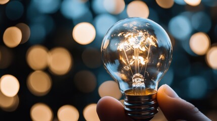 Poster - Closeup of a hand holding a glowing incandescent light bulb against a bokeh background of warm and cool lights, symbolizing ideas and innovation. : Generative AI