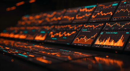 Poster - Financial Stock Market Data Displayed Across Multiple Screens with Orange and Teal Stock Chart Lines
