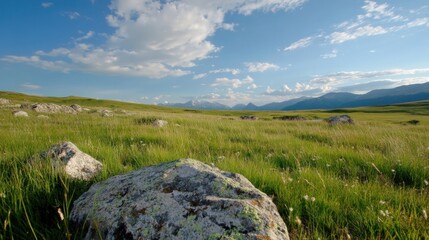 Poster - Serene mountain meadow landscape with large rocks and wildflowers under a bright blue sky, showcasing the beauty of nature. : Generative AI
