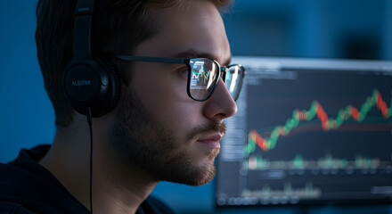 Poster - Focused Young Man with Headphones and Glasses Watching Stock Market Data on a Computer Screen in Soft Blue Lighting
