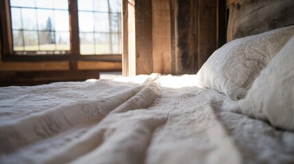 Aufkleber - Sunlit rustic bedroom with white lace pillows and textured linen bedding, creating a calm and peaceful atmosphere. : Generative AI