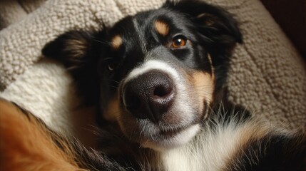 Poster - Close-up portrait of a tri-color Australian Shepherd dog resting on a beige fleece blanket, showcasing its expressive eyes and unique nose. : Generative AI