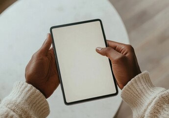 Poster - Person's hands holding a tablet with a blank screen, wearing a beige sweater, sitting at a table.  The image is a close-up view, showcasing the device and the person's hands. : Generative AI