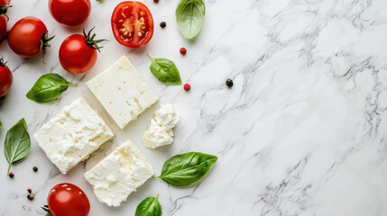 Poster - Overhead shot of feta cheese cubes, fresh basil leaves, and ripe red tomatoes arranged on a marble surface, creating a vibrant and appetizing food photography composition. : Generative AI