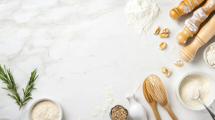 Aufkleber - A marble surface displays various baking ingredients: flour, walnuts, rosemary, and wooden utensils, creating a culinary backdrop. : Generative AI