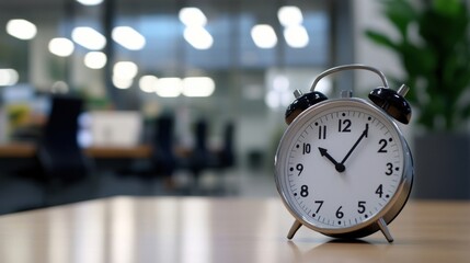 Aufkleber - A classic alarm clock sits on a desk in a modern office, the blurred background suggesting a busy workday. : Generative AI