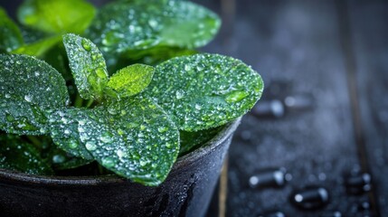 Poster - Close-up view of vibrant green leaves glistening with water droplets, nestled in a dark pot, creating a refreshing and natural scene. : Generative AI