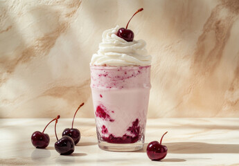 Aufkleber - Delicious cherry milkshake topped with whipped cream, served in a glass, surrounded by fresh cherries on a marble surface. Perfect summer treat. : Generative AI