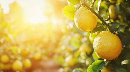 Poster - Ripe lemons hanging from a tree branch, bathed in warm sunlight, with a blurred background of more lemon trees and a bright, sunny sky. : Generative AI