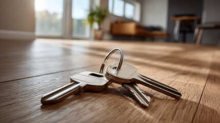 Fototapete - A simple set of house keys lies on a polished wooden floor in a bright living area. Sunlight filters through large windows, illuminating the tidy, minimalist room