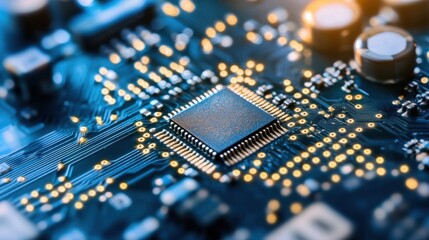 Fototapete - Close-up view of a modern microchip integrated circuit on a blue circuit board, showcasing intricate gold connectors and electronic components. : Generative AI