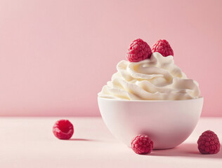 Aufkleber - A small bowl of whipped cream, delicately topped with two fresh raspberries, sits on a soft pink surface. Additional raspberries are artfully placed nearby, enhancing the image's cream : Generative AI