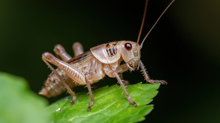 Poster - Closeup of a pale brown cricket perched on a vibrant green leaf, its delicate antennae extended, against a dark, blurred background. : Generative AI