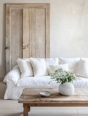 Fototapete - A serene living room features a white linen sofa, adorned with cushions, complemented by a rustic wooden coffee table and a weathered wooden door as a backdrop, creating a minimalist,  : Generative AI