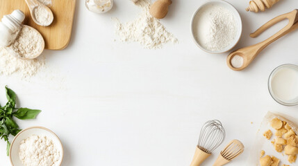 Aufkleber - Wooden kitchen utensils and bowls of flour surround a white surface, creating a baking-themed border with copy space. : Generative AI
