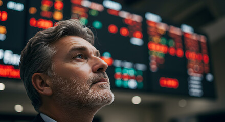 Poster - Pensive Man with Grey Hair Gazing at Blurry Stock Market Data Display In Dark Tone