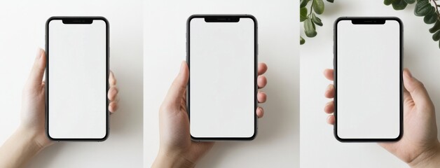 Poster - Three hands hold smartphones with blank screens against a white background, showcasing versatile mockup options for app presentations or website designs. : Generative AI