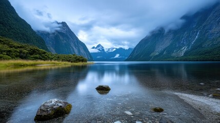 Poster - Serene mountain lake reflecting majestic peaks under a cloudy sky, showcasing tranquil water with smooth surface and rocks in foreground. : Generative AI