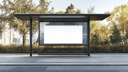 Aufkleber - Modern bus stop with blank billboard advertisement in a city park setting, ideal for urban advertising campaigns. : Generative AI